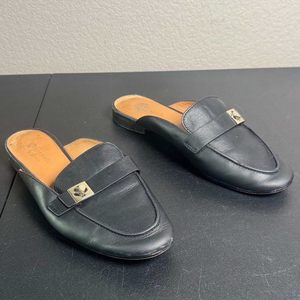 Kate Spade New York Catroux Slide Black Leather Mule Loafer Silver Spade Logo 8B
